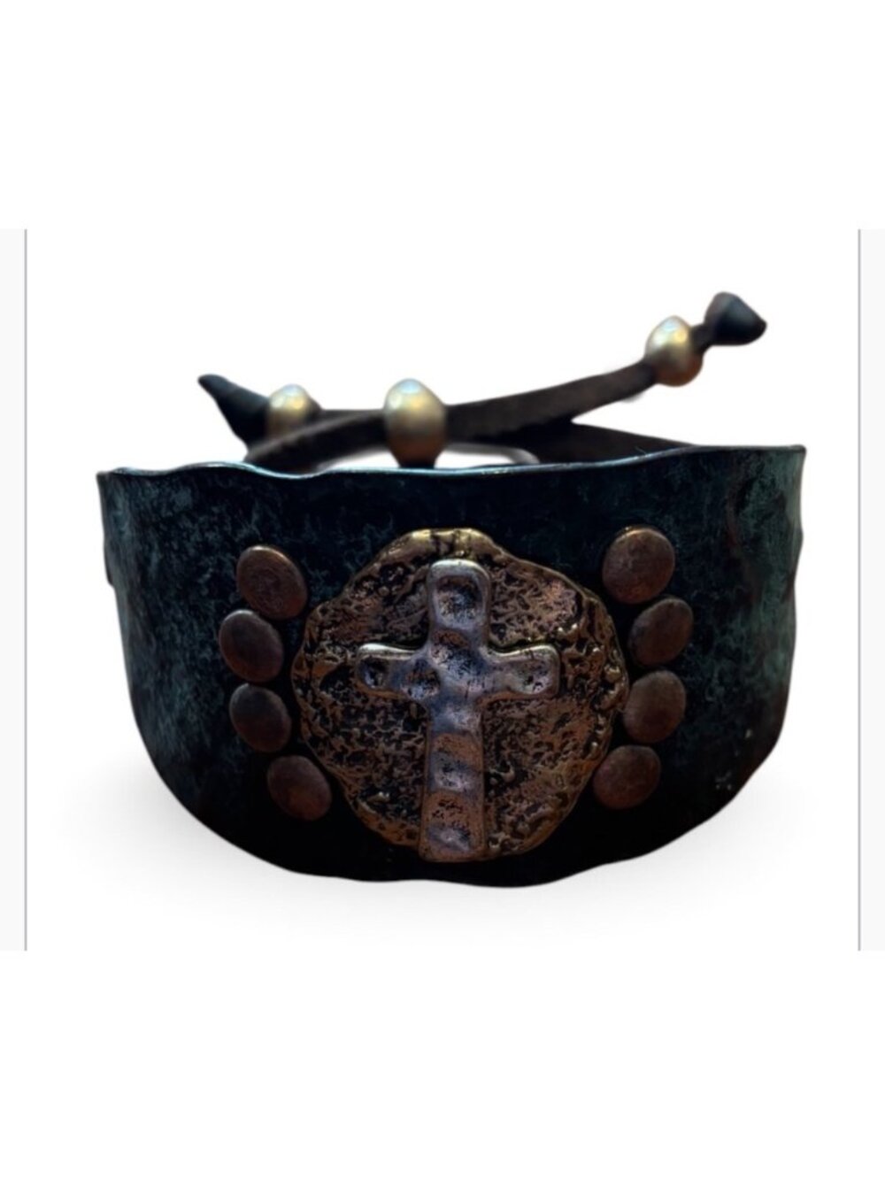 Metal Pounded Embellished Teal Cross Bracelet Leather Adjustable Strap